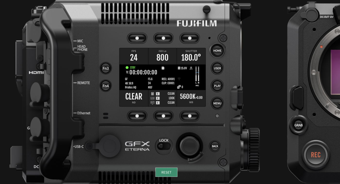 Imagen del simulador de la Fujifilm GFX ETERNA 55, donde los usuario pueden probar diferentes configuraciones del menú.